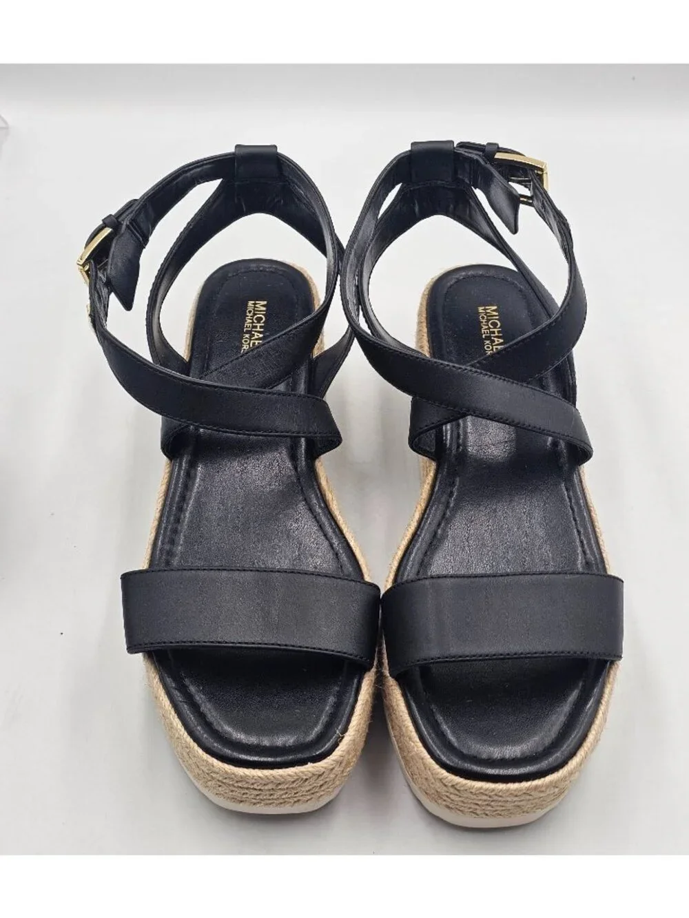 NWOB Michael Kors Women's Black Leather Lowry Espadrille Sandals Size 10 3720